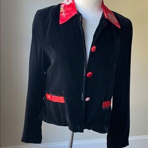 Chic Black Velvet Women's Blazer with Red Accents